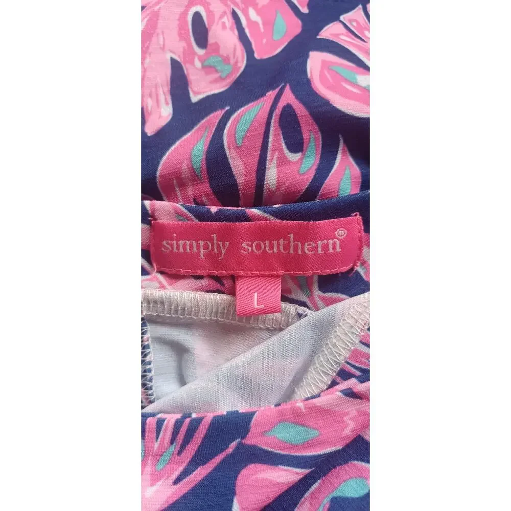 Simply Southern Tropical Palm Leaf Halter Maxi Dress Blue Pink Resort Beach L - Picture 7 of 9